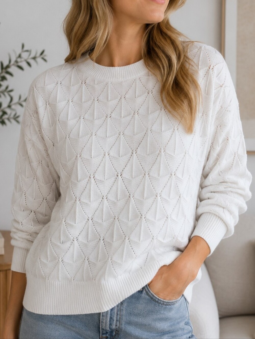 Cotton White Knit Sweater Geometric Pattern Believe  M